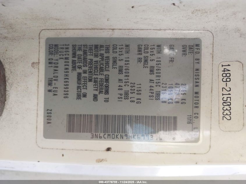 2017 Nissan Nv200 S VIN: 3N6CM0KN9HK699396 Lot: 43776759