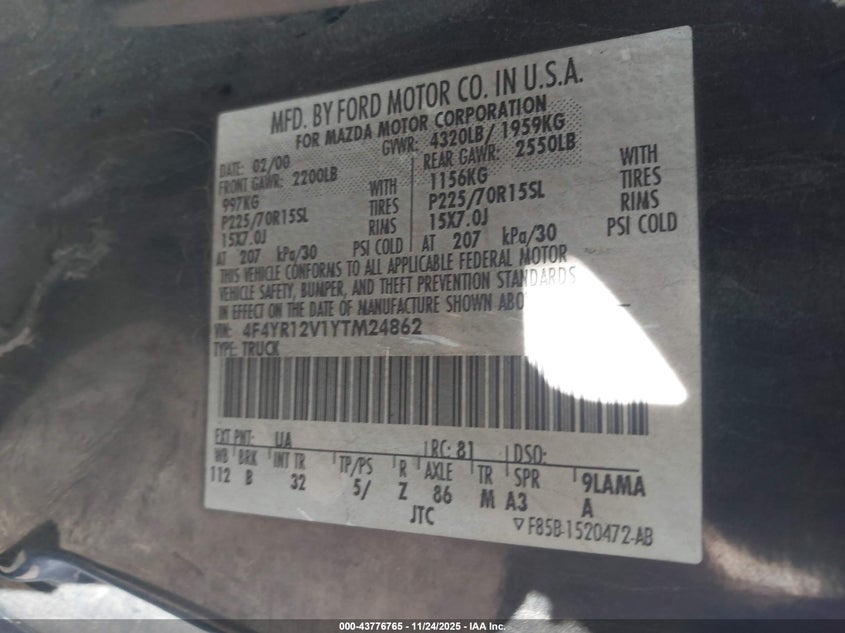 2000 Mazda B3000 Se/Sx VIN: 4F4YR12V1YTM24862 Lot: 43776765