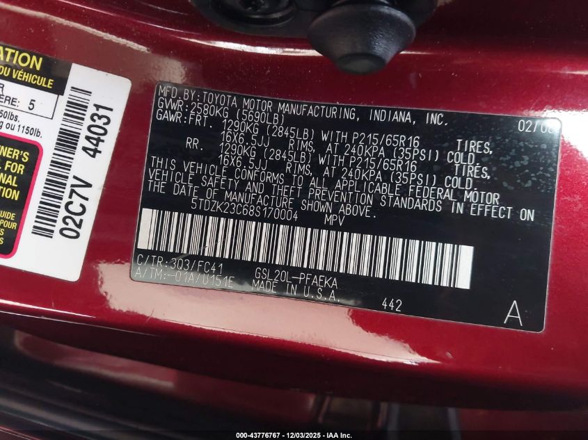 2008 Toyota Sienna Le VIN: 5TDZK23C68S170004 Lot: 43776767