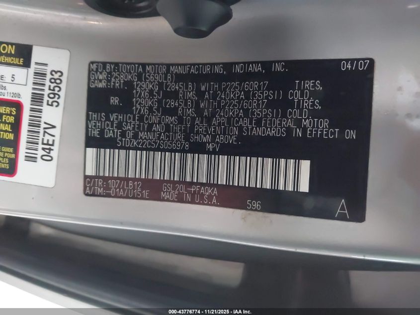 2007 Toyota Sienna Xle VIN: 5TDZK22C57S056978 Lot: 43776774