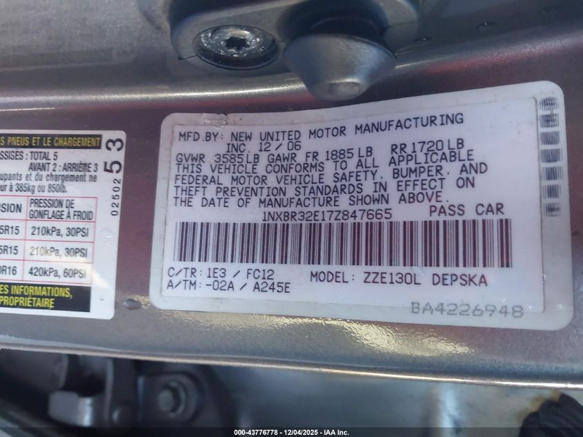 2007 Toyota Corolla S VIN: 1NXBR32E17Z847665 Lot: 43776778