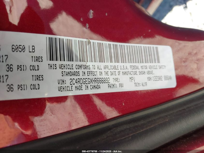 2017 Dodge Grand Caravan Gt VIN: 2C4RDGEGXHR666892 Lot: 43776788