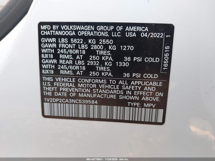 2022 Volkswagen Atlas 2.0T Se VIN: 1V2DP2CA3NC539584 Lot: 43776801