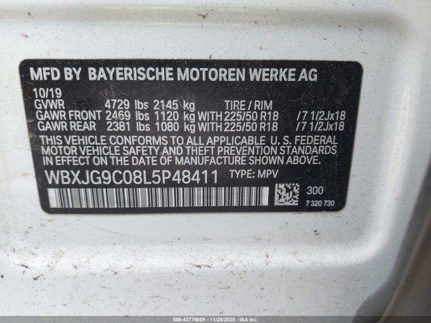 2020 BMW X1 xDrive28I VIN: WBXJG9C08L5P48411 Lot: 43776808