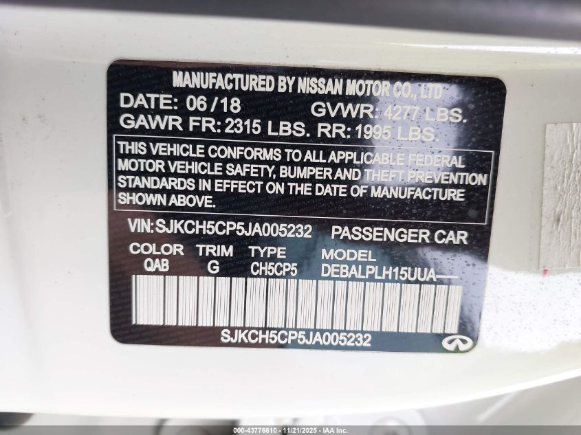 2018 Infiniti Qx30 Pure VIN: SJKCH5CP5JA005232 Lot: 43776810