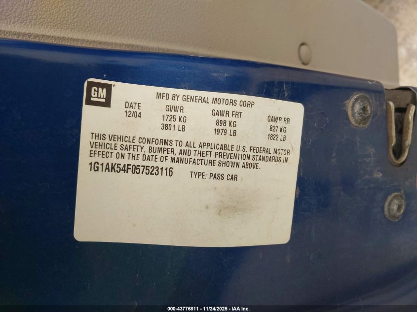 2005 Chevrolet Cobalt VIN: 1G1AK54F057523116 Lot: 43776811