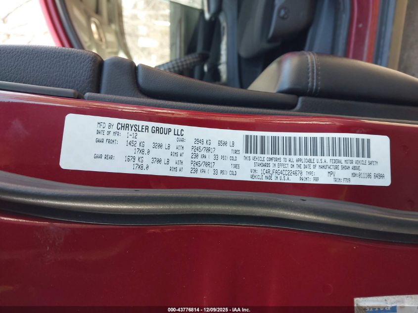 2012 Jeep Grand Cherokee Laredo VIN: 1C4RJFAG4CC224670 Lot: 43776814