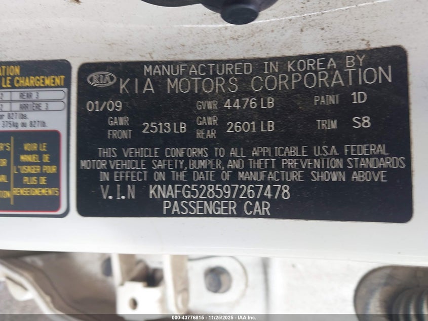 2009 Kia Rondo Lx VIN: KNAFG528597267478 Lot: 43776815