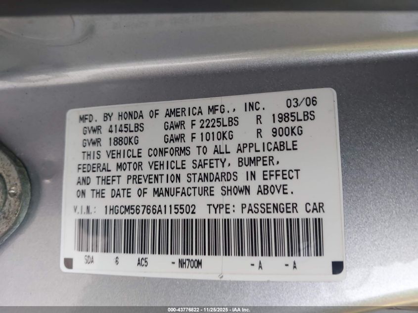 2006 Honda Accord Sdn 2.4 Ex/Ex VIN: 1HGCM56766A115502 Lot: 43776822