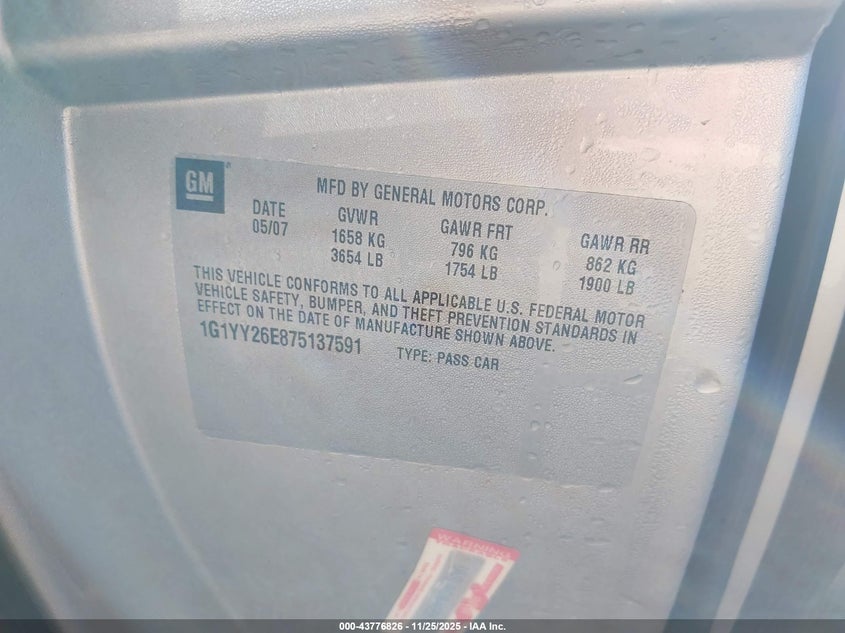 2007 Chevrolet Corvette Z06 Hardtop VIN: 1G1YY26E875137591 Lot: 43776826