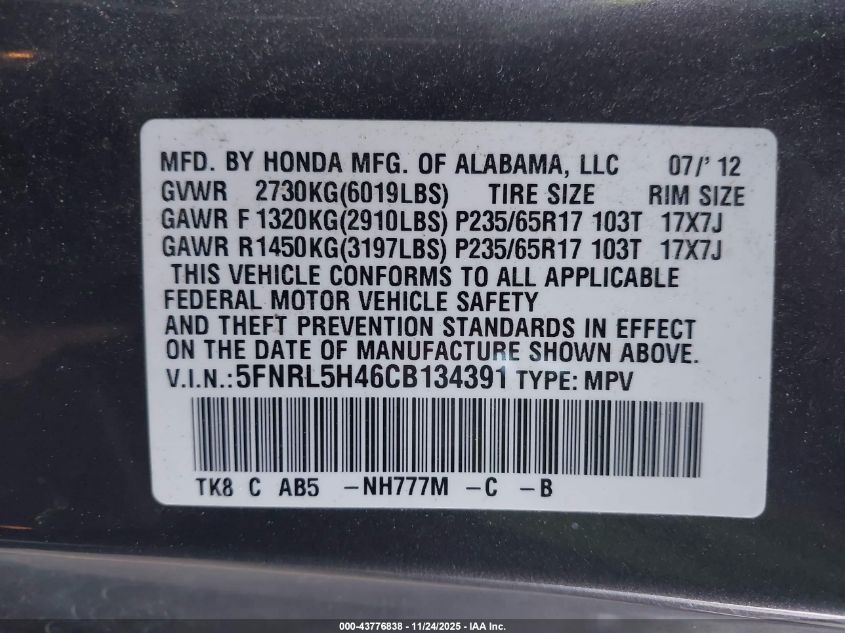 2012 Honda Odyssey Ex VIN: 5FNRL5H46CB134391 Lot: 43776838