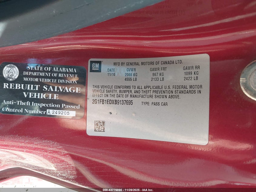 2011 Chevrolet Camaro 1Lt VIN: 2G1FB1EDXB9137695 Lot: 43776866