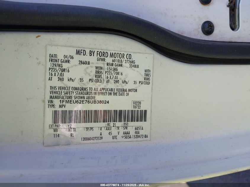 2006 Ford Explorer Xls VIN: 1FMEU62E76UB38024 Lot: 43776874