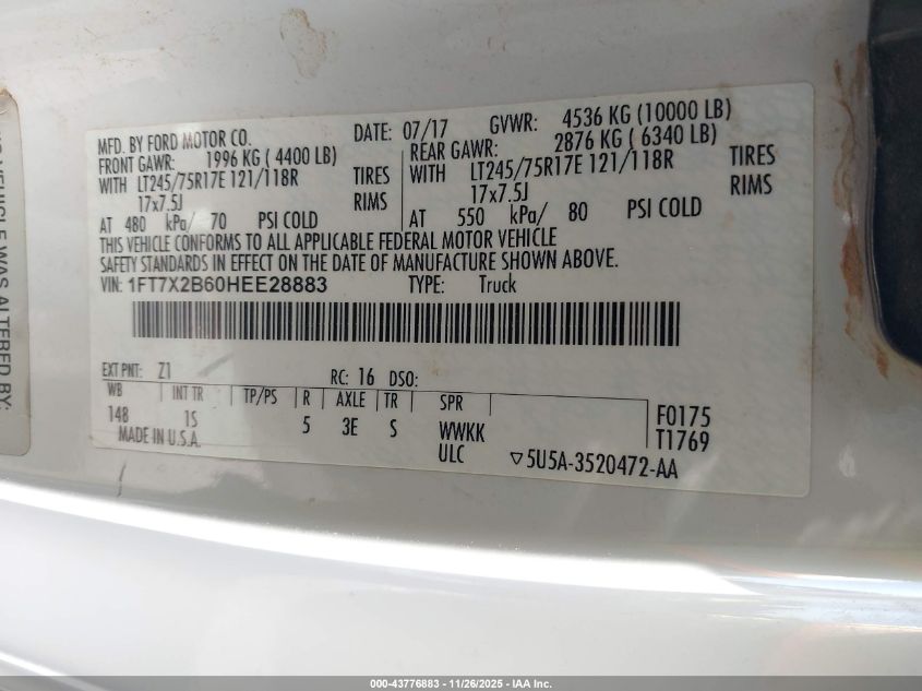 2017 Ford F-250 Xl VIN: 1FT7X2B60HEE28883 Lot: 43776883