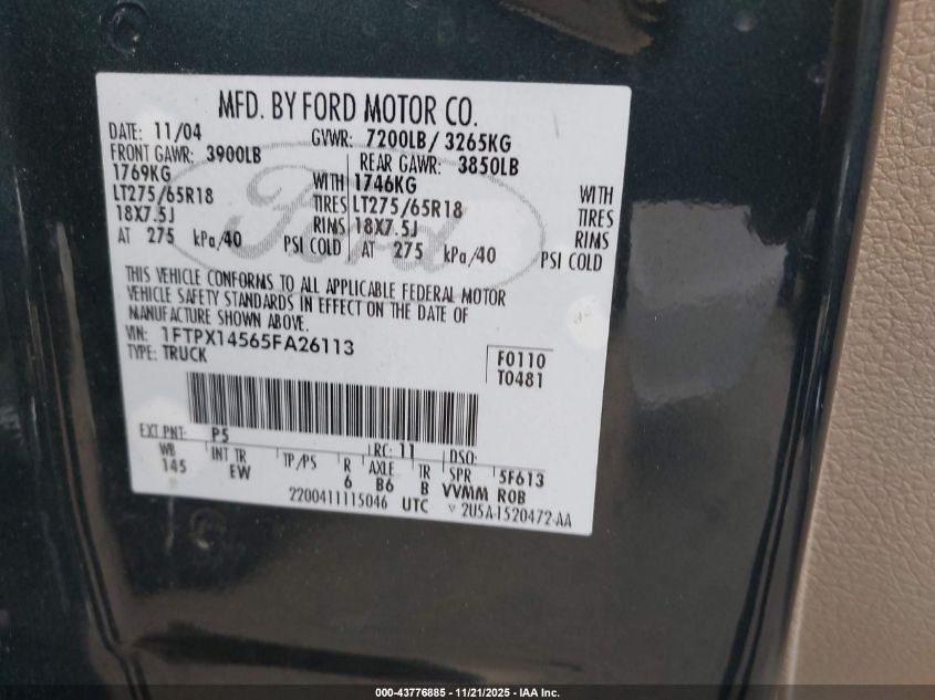 2005 Ford F-150 Fx4/Lariat/Xl/Xlt VIN: 1FTPX14565FA26113 Lot: 43776885