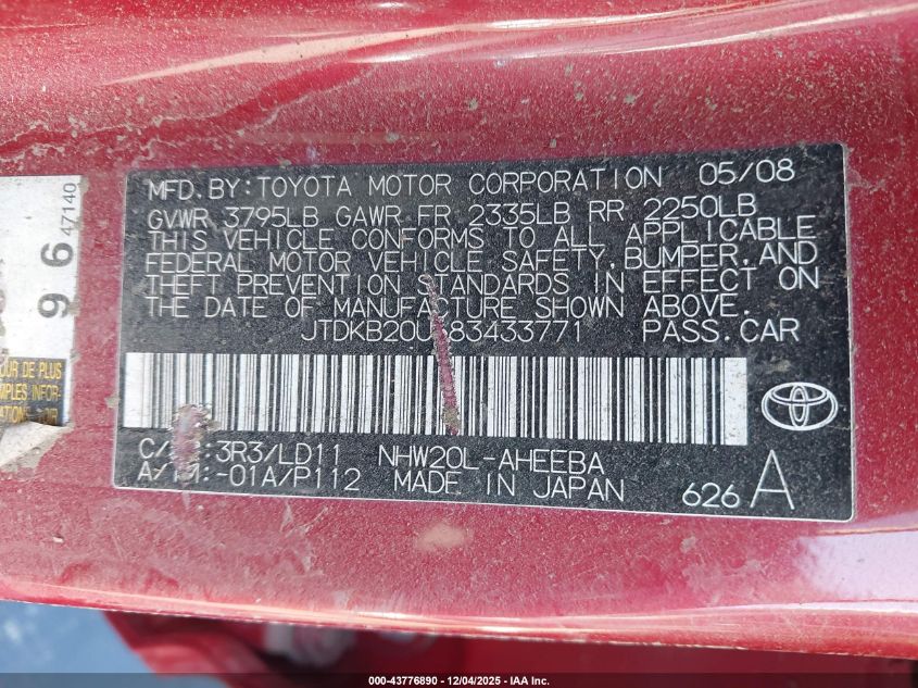 2008 Toyota Prius Touring VIN: JTDKB20U683433771 Lot: 43776890