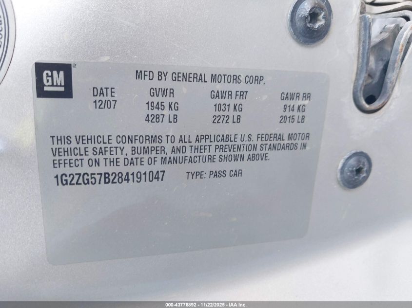 2008 Pontiac G6 VIN: 01G2ZG57B28419104 Lot: 43776892