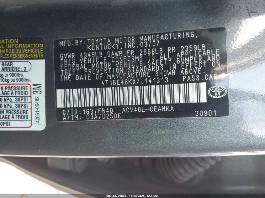 2007 Toyota Camry Le VIN: 4T1BE46KX7U141313 Lot: 43776893