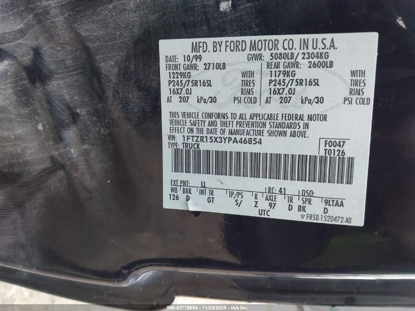 2000 Ford Ranger Xlt VIN: 1FTZR15X3YPA46854 Lot: 43776894