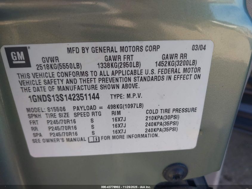 2004 Chevrolet Trailblazer Ls VIN: 1GNDS13S142351144 Lot: 43776902