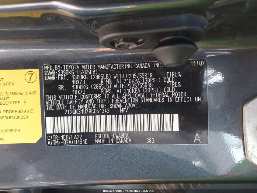 2008 Lexus Rx 350 VIN: 2T2GK31U78C051343 Lot: 43776903