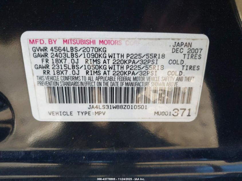 2008 Mitsubishi Outlander Se VIN: JA4LS31W88Z010501 Lot: 43776905