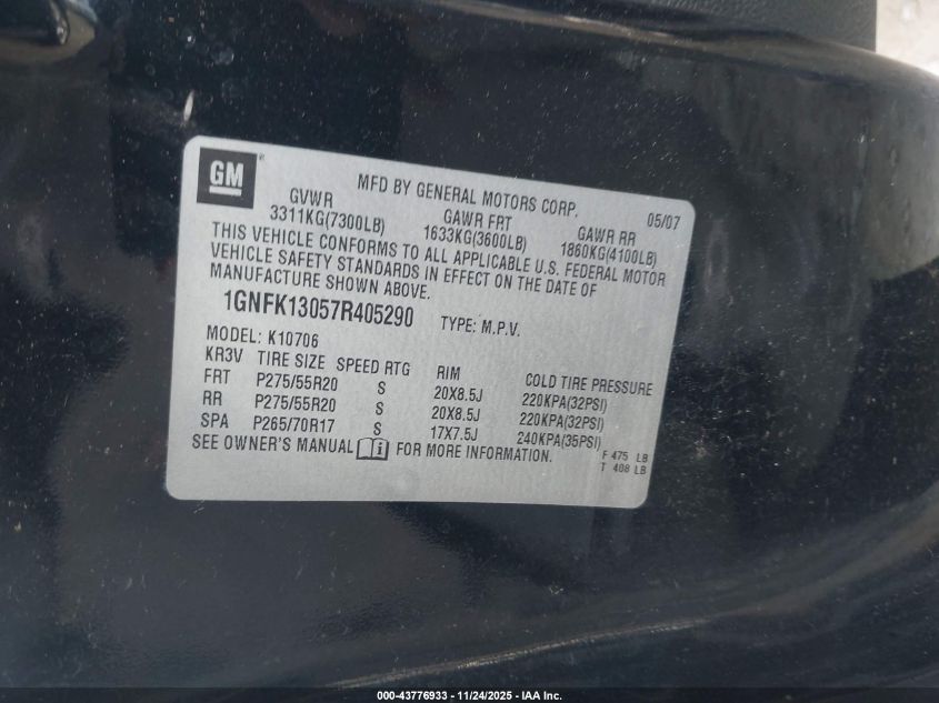 2007 Chevrolet Tahoe Ltz VIN: 1GNFK13057R405290 Lot: 43776933