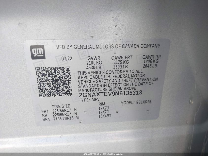 2022 Chevrolet Equinox Awd 2Fl VIN: 2GNAXTEV9N6135313 Lot: 43776939