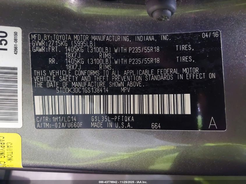 2016 Toyota Sienna Xle Premium 7 Passenger VIN: 5TDDK3DC1GS138414 Lot: 43776942