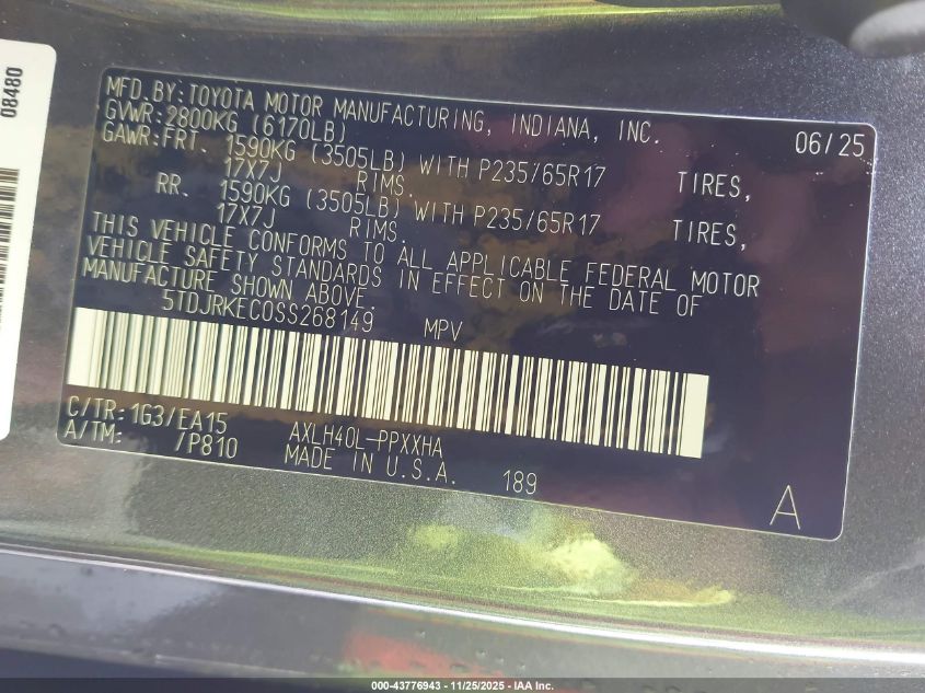 2025 Toyota Sienna Xle VIN: 5TDJRKEC0SS268149 Lot: 43776943