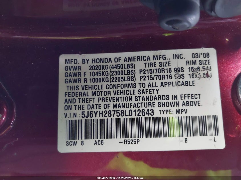 2008 Honda Element Ex VIN: 5J6YH28758L012643 Lot: 43776966