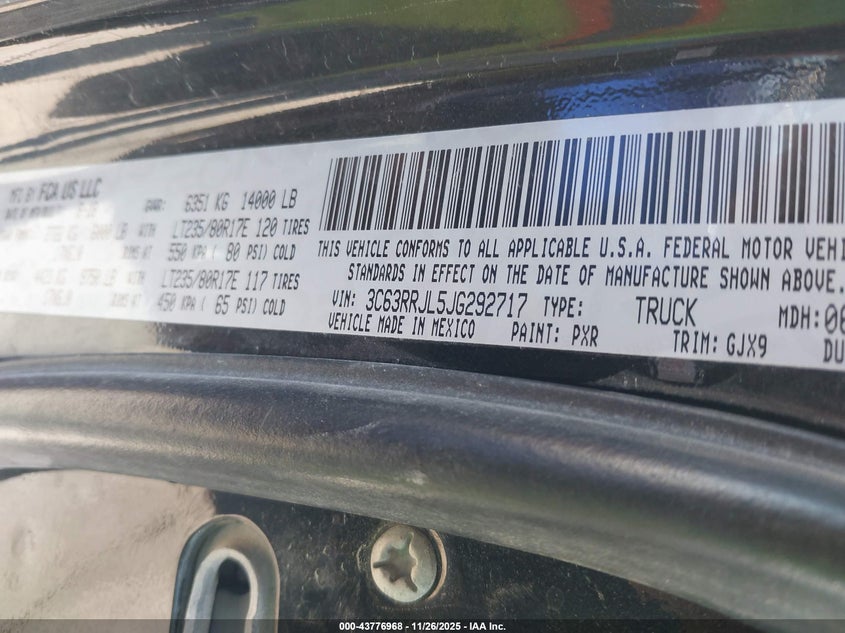 2018 Ram 3500 Laramie 4X4 8' Box VIN: 3C63RRJL5JG292717 Lot: 43776968