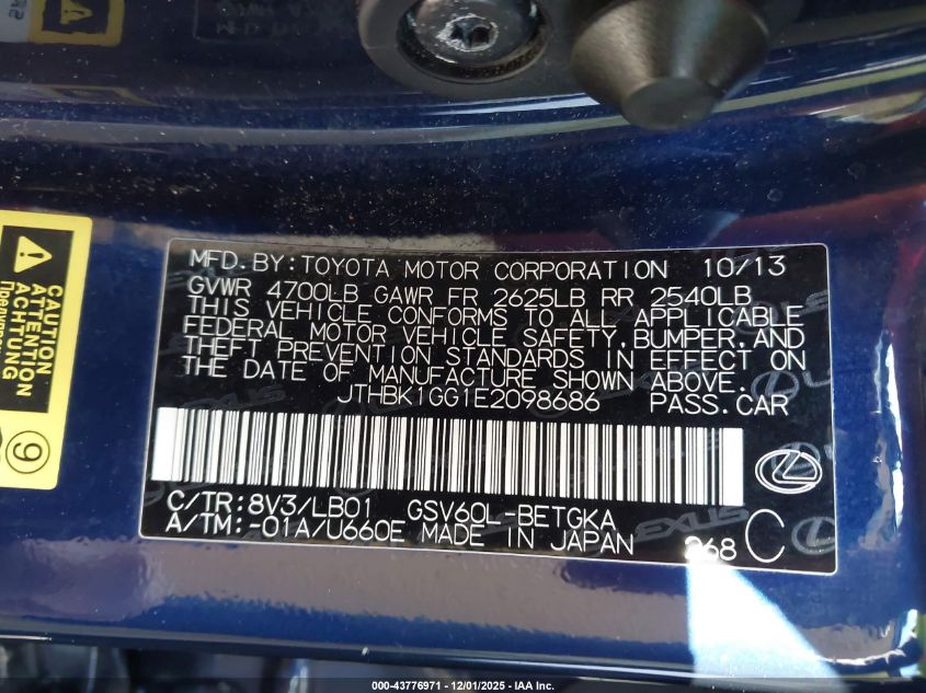 2014 Lexus Es 350 VIN: JTHBK1GG1E2098686 Lot: 43776971