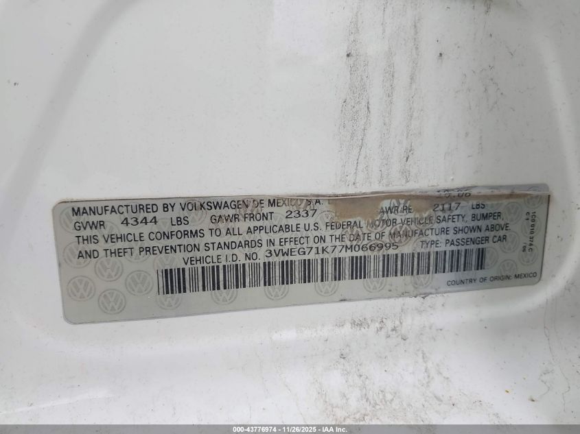 2007 Volkswagen Jetta VIN: 3VWEG71A77M066995 Lot: 43776974