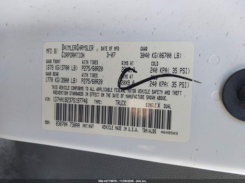 2007 Dodge Ram 1500 Slt VIN: 1D7HA18237S197746 Lot: 43776976