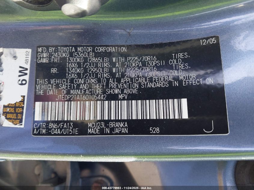 2006 Toyota Highlander V6 VIN: JTEDP21A160105442 Lot: 43776983