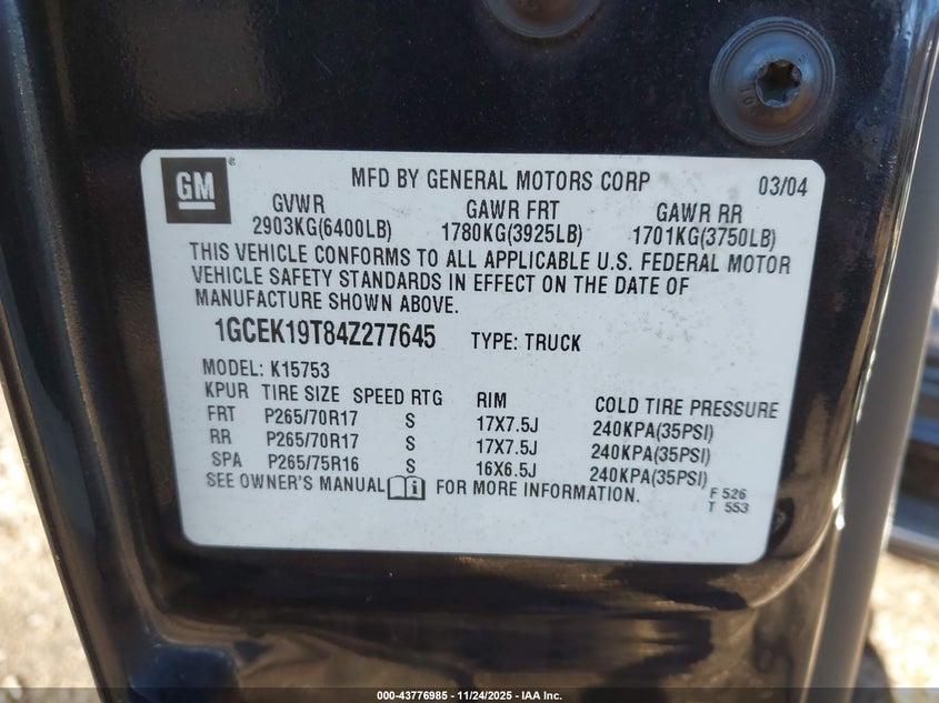 2004 Chevrolet Silverado 1500 Lt VIN: 1GCEK19T84Z277645 Lot: 43776985