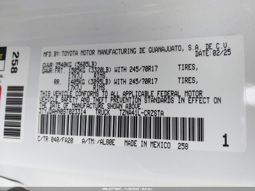 2025 Toyota Tacoma Sr VIN: 3TYJDAHN0ST023314 Lot: 43776987