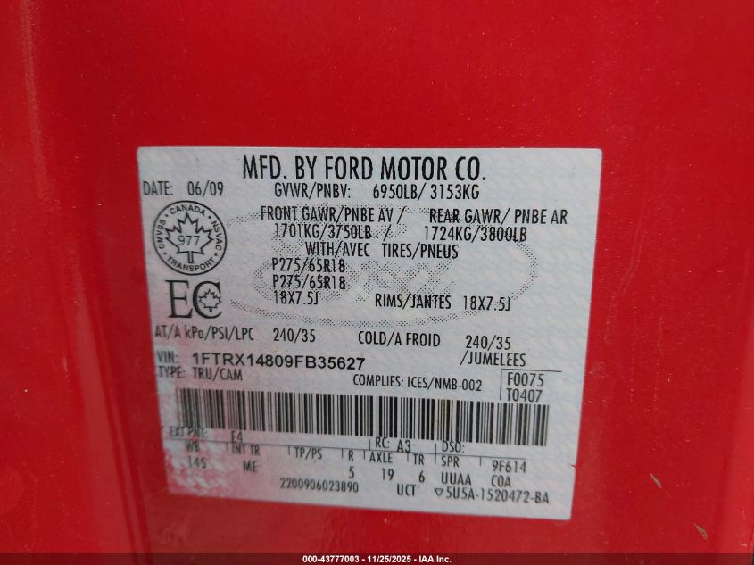 2009 Ford F-150 Stx/Xl/Xlt VIN: 1FTRX14809FB35627 Lot: 43777003