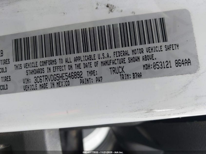 2017 Ram Promaster 2500 High Roof 159 Wb VIN: 3C6TRVDG5HE546892 Lot: 43777033