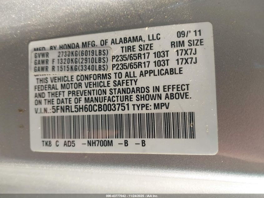 2012 Honda Odyssey Ex-L VIN: 5FNRL5H60CB003751 Lot: 43777042