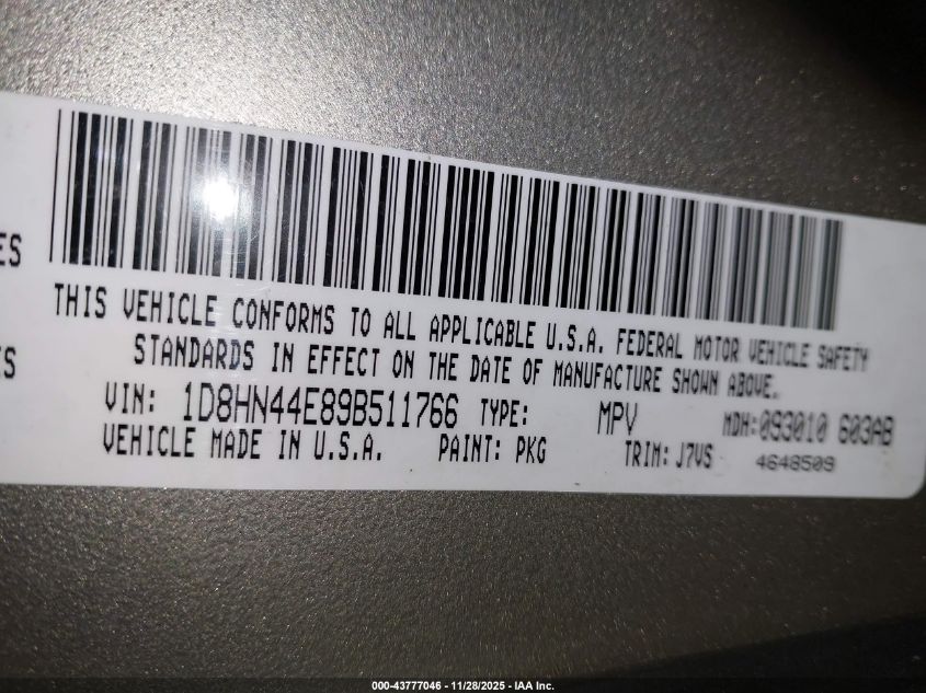 2009 Dodge Grand Caravan Se VIN: 1D8HN44E89B511766 Lot: 43777046