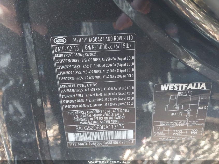 2013 Land Rover Range Rover Hse VIN: SALGS2DF3DA113176 Lot: 43777053
