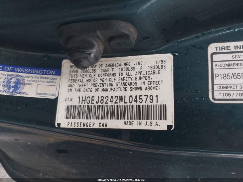 1998 Honda Civic Ex VIN: 1HGEJ8242WL045791 Lot: 43777054