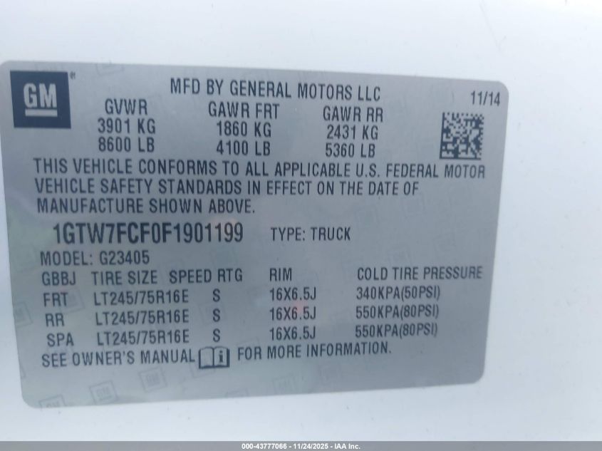 2015 GMC Savana 2500 Work Van VIN: 1GTW7FCF0F1901199 Lot: 43777066