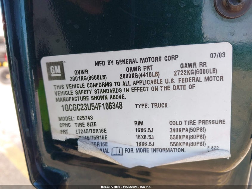 2004 Chevrolet Silverado 2500 Ls VIN: 1GCGC23U54F106348 Lot: 43777069