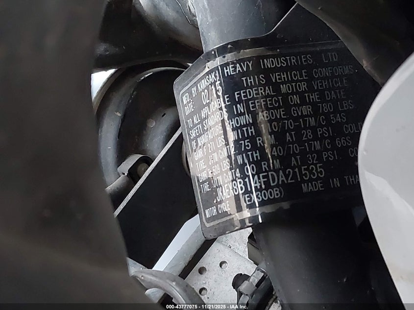 2015 Kawasaki Ex300 B VIN: JKAEX8B14FDA21535 Lot: 43777075