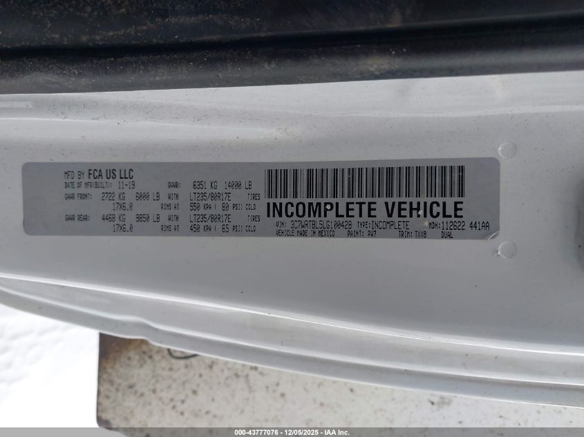 2020 Ram 3500 Chassis Tradesman/Slt VIN: 3C7WRTBL5LG100428 Lot: 43777076