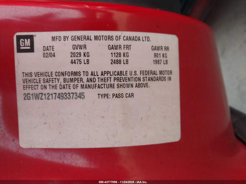 2004 Chevrolet Monte Carlo Supercharged Ss VIN: 2G1WZ121749337345 Lot: 43777098