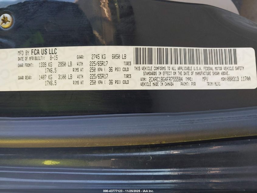 2015 Chrysler Town & Country Touring VIN: 2C4RC1BG4FR755584 Lot: 43777123